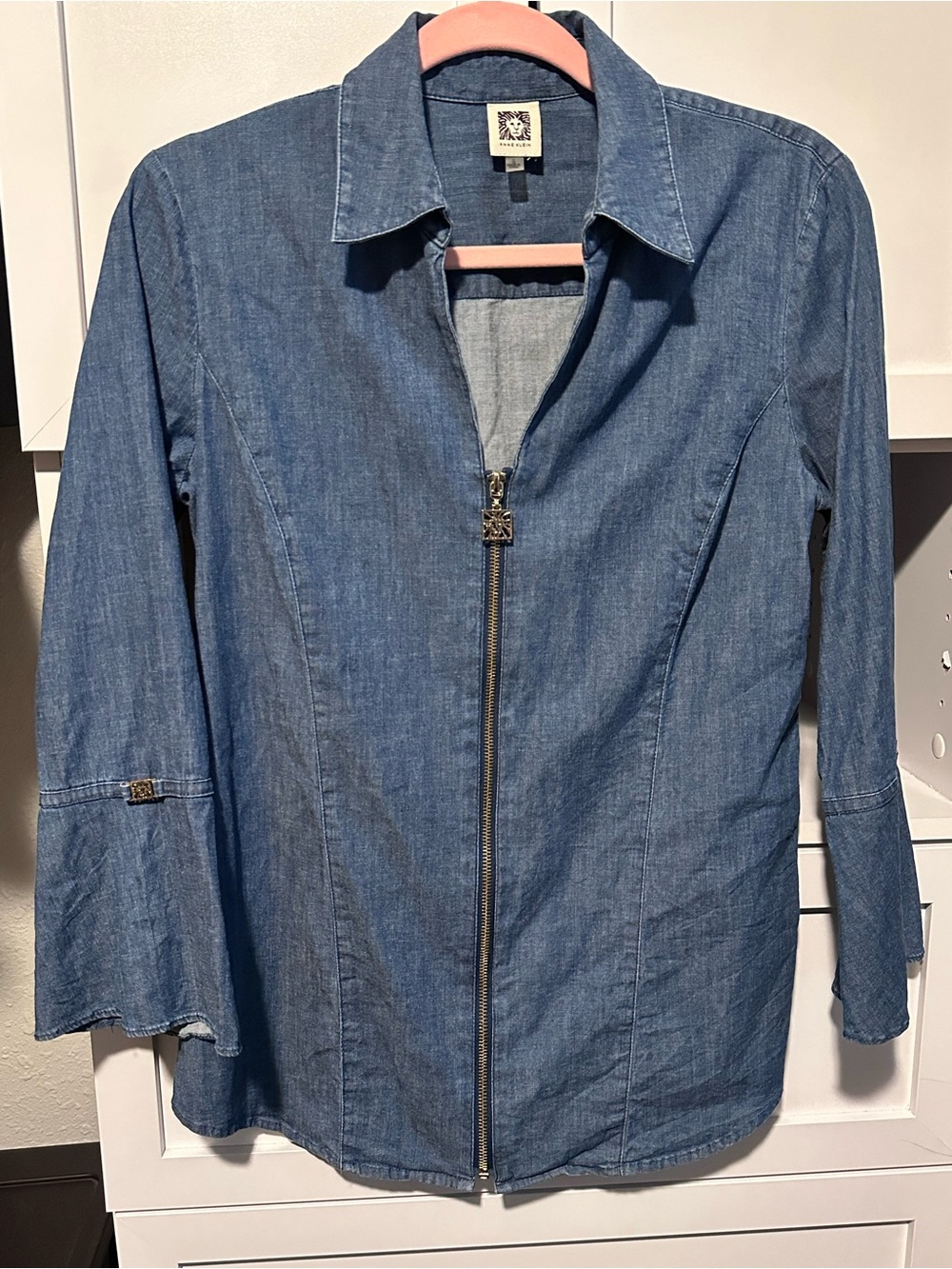 Anne Klein Blue Chambray Zip Front Bell Sleeve Jacket Size Small
